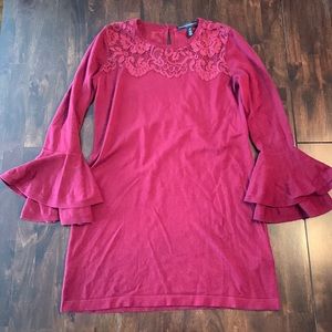 White House Black Market burgundy dress with lace trim and bell sleeves, XS